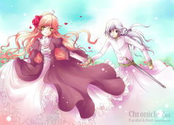Rule 34 | 1boy, 1girl, bad id, bad pixiv id, blue eyes, chronicle 2nd, dress, flower, holding hands, hetero, long hair, muu, parsifal, petals, puffy sleeves, red hair, rose guine avalon, sky, sound horizon, sword, victorian, weapon, white hair, yellow eyes