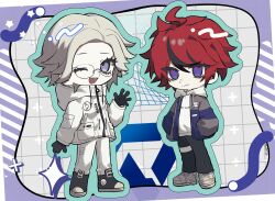 2boys ahoge aotsuki_eito black_gloves black_pants black_shoes blue_background blue_eyes blue_outline border chibi chibi_only closed_mouth eyelashes full_body gloves hair_between_eyes hand_up hands_in_pockets highres hood hoodie jacket long_sleeves looking_at_viewer male_focus messy_hair multicolored_eyes multicolored_hair multicolored_shoes multiple_boys one_eye_closed open_mouth outline pants parted_hair purple_background purple_eyes red_eyes red_hair shoes simple_background smile standing streaked_hair sumino_takumi teeth the_hundred_line_-last_defense_academy- upper_teeth_only white_background white_border white_hair white_hoodie white_jacket white_pants white_shoes wink zipper zipper_pull_tab