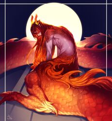1boy antlers artist_name blue_background centauroid completely_nude dark_background dragon_boy dragon_tail full_body gradient_hair horns long_hair looking_at_viewer looking_back male_focus monster_boy multicolored_hair nude orange_hair orange_scales original pointy_ears red_hair red_scales scales shinku_castle sitting slit_pupils solo tail taur toned toned_male yellow_eyes