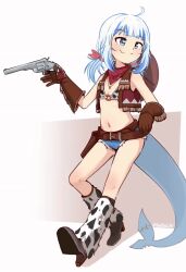 1girl alternate_costume animated bandana bare_shoulders belt bikini blue_eyes blue_hair boots brown_belt brown_gloves cowboy cowboy_hat cowboy_western cropped_jacket denim denim_shorts dudul fang female_focus fins fish_tail flat_chest fur-trimmed_boots fur_trim gawr_gura gloves gun handgun hat high_heels holding holding_weapon hololive hololive_english leaning_back looping_animation multicolored_hair navel petite red_bandana revolver shark_girl shark_tail short_shorts shorts simple_background skin_fang sleeveless sleeveless_jacket smile smith_&amp;_wesson_model_3 stomach streaked_hair swimsuit tail video virtual_youtuber weapon western white_background white_hair