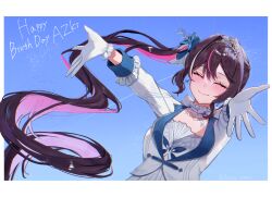 1girl ^_^ armband azki_(dress)_(hololive) azki_(hololive) black_hair blue_background blue_sky blush border choker closed_eyes closed_mouth colored_inner_hair commentary_request cropped_jacket double-parted_bangs dress dutch_angle earrings floating_hair frilled_armband frilled_choker frilled_gloves frills fumina_natamin gloves happy happy_birthday highres hololive jacket jacket_over_dress jewelry long_hair mole mole_under_eye multicolored_hair official_alternate_costume official_alternate_hairstyle open_hands outside_border outstretched_arms outstretched_hand pink_hair pink_streaks side_ponytail sidelocks sky smile solo streaked_hair tiara twitter_username upper_body very_long_hair virtual_youtuber white_border white_choker white_dress white_gloves white_jacket white_streaks