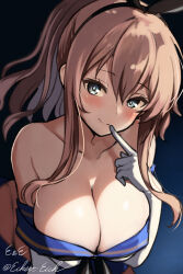 Rule 34 | 1girl, artist name, black neckerchief, blue sailor collar, breasts, brown hair, cleavage, commentary request, cosplay, eckert&amp;eich, elbow gloves, finger to mouth, gloves, grey eyes, high side ponytail, highres, kantai collection, large breasts, leaning forward, neckerchief, off-shoulder shirt, off shoulder, one-hour drawing challenge, ponytail, sailor collar, saratoga (kancolle), shimakaze (kancolle), shimakaze (kancolle) (cosplay), shirt, sidelocks, smile, solo, twitter username, upper body, white gloves
