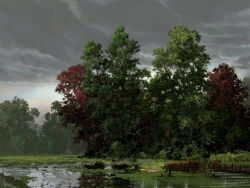 absurdres cloud cloudy_sky commentary english_commentary grass highres nature no_humans original outdoors philipp_urlich pond scenery sky tree