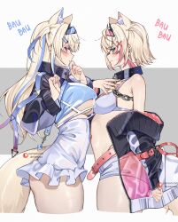 2girls absurdres alternate_costume animal_ear_fluff animal_ears belt bikini bikini_top_only black_jacket black_shrug blonde_hair blue_eyes blue_hair blue_hairband blue_shirt breasts chain chain_leash closed_mouth collar commentary cropped_legs cropped_shirt crossed_bangs dog_ears dog_girl dog_tail double-parted_bangs english_commentary extra_ears frilled_shorts frills from_side fuwawa_abyssgard hair_between_eyes hair_intakes hair_ornament hairband hairclip hand_up hands_up high-waist_shorts highres hololive hololive_english horn_hairband jacket keisea large_breasts leash long_hair metal_collar midriff mococo_abyssgard multicolored_hair multiple_girls navel off_shoulder paid_reward_available parallel_hairclips pink_belt pink_hair pink_hairband see-through_clothes see-through_jacket see-through_shirt shirt short_hair short_shorts shorts shrug_(clothing) siblings sisters small_breasts streaked_hair swimsuit tail twins two_side_up underboob virtual_youtuber white_bikini white_jacket white_shorts