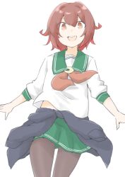 1girl akara_kai black_pantyhose blue_jacket brown_hair clothes_around_waist cowboy_shot crescent crescent_pin green_sailor_collar green_skirt hair_ornament highres jacket jacket_around_waist kantai_collection long_sleeves looking_at_viewer mutsuki_(kancolle) mutsuki_kai_ni_(kancolle) neckerchief open_mouth pantyhose pleated_skirt red_hair red_neckerchief sailor_collar school_uniform serafuku short_hair skirt smile white_background