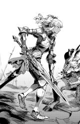 1girl armor battlefield chainmail couter cuirass cuisses dark-skinned_female dark_skin elf faulds gauntlets greaves highres holding holding_sword holding_weapon knight monochrome monster original pauldrons pirata_(gailtonatiu) planted planted_sword planted_weapon plate_armor pointy_ears poleyn rerebrace sabaton sheath shoulder_armor signature sword twintails unsheathed weapon