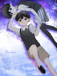 Rule 34 | 2boys, ankle socks, antenna hair, arm up, bare arms, bare shoulders, black eyes, black hair, black shoes, black shorts, black sweater vest, black tank top, black thighhighs, bright pupils, brown shorts, closed mouth, collared shirt, colored skin, commentary request, dated, double-parted bangs, dual persona, empty eyes, expressionless, feet out of frame, fingernails, foot out of frame, hair behind ear, hair between eyes, hand on another&#039;s cheek, hand on another&#039;s face, hand on another&#039;s wrist, happy birthday, hato popo 37, highres, knee up, light particles, loafers, looking at viewer, lying, male focus, multiple boys, no pupils, omori, omori (omori), on back, on side, over-kneehighs, parted lips, purple background, shirt, shoes, short hair, short sleeves, shorts, simple background, socks, sparkle, striped clothes, striped shorts, sunny (omori), sweater vest, tank top, thighhighs, tile floor, tiles, two-tone shorts, vertical-striped clothes, vertical-striped shorts, very short hair, white background, white pupils, white shorts, white skin, white socks