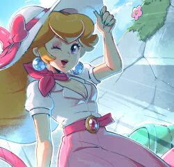 Rule 34 | 1girl, bandana, blonde hair, blue eyes, blush, breasts, cleavage, earrings, hat, highres, jewelry, long hair, long skirt, looking at viewer, mario (series), mario kart, mario kart world, medium breasts, nintendo, official alternate costume, one eye closed, open clothes, open mouth, pink bandana, pink skirt, princess peach, princess peach (vacation), puffy short sleeves, puffy sleeves, saiwo (saiwoproject), shirt, short sleeves, skirt, smile, solo, sphere earrings, sun hat, super mario odyssey, teeth, white shirt