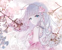 Rule 34 | 1girl, atelier (series), atelier lulua, bare shoulders, blue eyes, blurry, blurry background, branch, cherry blossoms, closed mouth, depth of field, ebi (shrimp0905), elmerulia frixell, flower, from side, grey hair, long hair, looking at viewer, outdoors, pink flower, protected link, shirt, smile, solo, upper body, white shirt