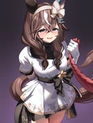 1girl absurdres animal_ears blush braid breasts brown_hair commentary_request curren_bouquetd&#039;or_(umamusume) dress elbow_gloves empty_eyes gloves grey_eyes highres horse_ears horse_girl horse_tail long_hair looking_at_viewer low_twin_braids open_mouth ribbon rope simple_background small_breasts smoke_klll solo tail twin_braids umamusume white_background yandere