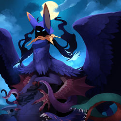 1girl animal_ears animal_hood bird_wings black_skin blue_eyes blue_feathers chimera claws cloak cloud cloudy_sky colored_skin fake_animal_ears fangs feathered_wings feathers female_focus full_moon glowing glowing_eyes glowing_hands hidden_face highres hood hood_up kamukamu6392 looking_at_viewer looking_down monster_girl moon night night_sky on_rock original ringed_eyes rock scales sharp_teeth sitting sky solo teeth tentacles wings