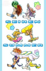 Rule 34 | 3boys, 3girls, ahoge, angela (seiken densetsu 3), animal print, armlet, ball, barefoot, beachball, bikini, blonde hair, blue male swimwear, braid, breasts, charlotte (seiken densetsu 3), chibi, chibi only, closed eyes, creature, duran (seiken densetsu 3), flower, green hat, green ribbon, green sarong, grin, hair flower, hair ornament, hair ribbon, hair slicked back, hand to own mouth, hat, hawkeye (seiken densetsu 3), highres, holding, holding swim ring, holding water gun, hori wo, innertube, jewelry, kevin (seiken densetsu 3), long hair, low-tied long hair, low twintails, male swimwear, medium breasts, multiple boys, multiple girls, necklace, open mouth, parted bangs, pointy ears, print male swimwear, purple hair, red ribbon, ribbon, riesz, sandals, sarong, seiken densetsu, seiken densetsu 3, short hair, sidelocks, single braid, smile, straw hat, summer, sun hat, swim ring, swimsuit, teeth, tiger print, tooth necklace, topless male, twintails, visor cap, water gun, watermelon beachball, white background, white bikini