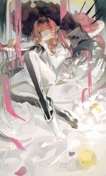 1girl absurdres apple baobhan_sith_(fate) baobhan_sith_(third_ascension)_(fate) boots breasts detached_sleeves dress fate/grand_order fate_(series) food fruit golden_apple grey_eyes hat high_heel_boots high_heels highres knee_up long_hair looking_at_viewer mingmousuns410 pink_hair pointy_ears sidelocks solo thigh_boots white_dress white_hat