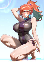 1girl absurdres arm_up armpit_crease blue_sky breasts cleavage colored_tips covered_navel earrings feather_earrings feathers full_body green_hair high_ponytail highres hololive hololive_english jewelry large_breasts lens_flare looking_at_viewer maro2ki3 multicolored_hair nail_polish one-piece_swimsuit orange_hair perfume_(takanashi_kiara) ponytail purple_eyes purple_nails see-through_cleavage see-through_clothes skindentation sky solo squatting sunlight swimsuit takanashi_kiara thighs toenail_polish toenails virtual_youtuber wet