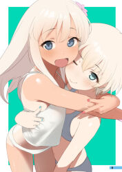 Rule 34 | 2girls, alternate costume, blonde hair, blue eyes, cowboy shot, grey panties, grey sports bra, hashtag-only commentary, kantai collection, long hair, looking at viewer, multiple girls, one-piece tan, one eye closed, open mouth, panties, ro-500 (kancolle), sakiecho, sports bra, tan, tank top, tanline, underwear, white panties, white tank top, z1 leberecht maass (kancolle)