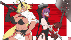 2girls ahoge assha_(schector) asymmetrical_gloves axe bandaged_arm bandages bikini black_bikini black_dress black_gloves black_horns blonde_hair blood breasts brown_eyes brown_gloves commentary_request cowboy_shot dark-skinned_female dark_skin dress egasumi elbow_gloves eyepatch glasses gloves grin hair_between_eyes half_gloves hand_on_own_hip highres holding holding_axe holding_sword holding_weapon hooded_dress horns huge_ahoge katana large_breasts long_bangs long_hair looking_at_viewer looking_down low_ponytail multiple_girls muscular muscular_female navel object_through_head original pelvic_curtain ponytail purple_eyes purple_hair rimless_eyewear screw_in_head sharp_teeth short_hair single_sleeve small_breasts smile swimsuit sword teeth uneven_gloves very_long_hair weapon