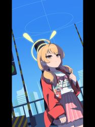 1girl absurdres ahoge blue_archive blue_sky cityscape coat collarbone commentary_request from_below gradient_sky halo high-waist_skirt highres light_blush light_frown long_hair looking_at_viewer low_twintails momoenoekaki official_alternate_costume open_clothes open_coat orange_eyes orange_hair outdoors pillarboxed pink_skirt pleated_skirt print_shirt red_coat red_pupils shirt shirt_tucked_in skirt sky solo t-shirt traffic_light twintails v-shaped_eyebrows white_shirt wide_sleeves yellow_halo yoshimi_(band)_(blue_archive) yoshimi_(blue_archive)