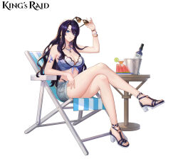 1girl absurdres adjusting_eyewear armlet bangle bare_legs bikini bikini_under_shorts black_bikini black_sandals blue_eyes blue_shirt bottle bracelet breasts bucket chair cleavage cocktail_glass commentary crossed_legs cup denim denim_shorts drinking_glass earrings english_commentary eyewear_on_head feet folding_chair food frilled_bikini frills fruit full_body gold_trim high_heel_sandals highres isolet_(king&#039;s_raid) jewelry king&#039;s_raid lagna large_breasts legs lime_(fruit) lime_slice long_hair lounge_chair necklace official_alternate_costume official_art plate purple_hair sandals shell shell_necklace shirt shorts sitting solo strappy_heels sunglasses swimsuit table tied_shirt toenails toes watermelon watermelon_slice white_bikini white_sandals
