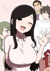 2boys 2girls absurdres black_eyes black_hair breasts closed_eyes collared_shirt commentary_request fang flying_sweatdrops gift green_eyes green_hair grin hand_up highres holding holding_gift igarashi_futaba kazama_souta large_breasts long_hair multiple_boys multiple_girls necktie one_eye_closed open_mouth purple_necktie sakurai_touko senpai_ga_uzai_kouhai_no_hanashi shiromanta shiromanta_(character) shirt smile solo_focus takeda_harumi teeth upper_body upper_teeth_only