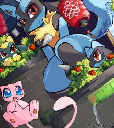 alternate_color black_fur black_hair blue_eyes blue_fur flower furry gen_1_pokemon gen_4_pokemon highres legendary_pokemon lucario meeka mew_(pokemon) mythical_pokemon nintendo open_mouth pink_fur pokemon pokemon_(creature) red_eyes riolu shiny_pokemon sidelocks smile spikes twitter_username yellow_fur