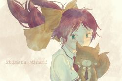 Rule 34 | 1girl, 2021, animal, animal ears, baka to test to shoukanjuu, blush, blush stickers, bow, character name, collared shirt, commentary, covering own mouth, dated, detached collar, english text, engrish, engrish text, fox, fox ears, fumizuki academy school uniform, gensou getsumen rt, green eyes, hair bow, hair ornament, highres, holding, holding animal, necktie, parted bangs, ranguage, red hair, red necktie, school uniform, shimada minami, shirt, short hair, short sleeves, solo, tareme, white shirt, yellow bow