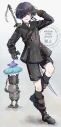 Rule 34 | 1boy, 9s (nier:automata), 9s (nier:automata) (cosplay), alternate costume, aranara (genshin impact), ararycan (genshin impact), arm at side, arm up, belt, belt boots, belt buckle, black belt, black blindfold, black boots, black gloves, black hair, black jacket, black shorts, black sleeves, black socks, blindfold, blindfold lift, blunt ends, boots, bright pupils, bucket, bucket on head, buckle, chest belt, cosplay, creature, eyelashes, eyeliner, eyeshadow, fringe trim, full body, genshin impact, gloves, highres, jacket, kneehighs, long sleeves, looking at viewer, makeup, male focus, nier:automata, nier (series), object on head, purple eyes, red eyeliner, red eyeshadow, ribbed socks, robot, scaramouche (genshin impact), shorts, socks, sword, tongue, tongue out, watermark, weapon, weapon on back, white background, white pupils, wispy bangs, yozora 9089