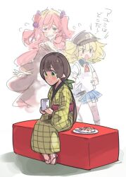 3girls =_= ayumi_(princess_connect!) blonde_hair blue_skirt brown_hair closed_eyes commentary_request cup dango flip-flops food full_body green_eyes holding holding_cup ito_ryo japanese_clothes kimono kuka_(oedo)_(princess_connect!) kuka_(princess_connect!) long_hair long_sleeves low_twintails miniskirt monika_weisswind multiple_girls pink_sandals pleated_skirt princess_connect! sandals shirt sitting skirt solo_focus standing twintails wagashi white_shirt yellow_kimono yukata yunomi