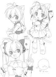 Rule 34 | 3girls, animal ears, animal hands, animal hat, antenna hair, apron, back bow, bell, bow, cat girl, cat hat, cat tail, choker, collarbone, commentary request, dejiko, detached sleeves, di gi charat, dice hair ornament, dress, footwear ribbon, full body, gema, gloves, greyscale, hair bell, hair between eyes, hair bow, hair ornament, hair ribbon, hat, highres, index finger raised, jingle bell, long hair, low twintails, medium hair, menma (enaic31), monochrome, multiple girls, neck bell, neckerchief, off-shoulder shirt, off shoulder, open mouth, parted bangs, paw gloves, paw shoes, puchiko, puffy detached sleeves, puffy sleeves, rabbit ears, ribbon, ribbon choker, sailor collar, sailor shirt, shirt, short sleeves, shorts, sitting, smile, tail, twintails, two side up, usada hikaru, wrist ribbon