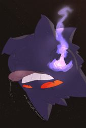 artist_name aura black_background black_eyes colored_sclera constricted_pupils drooling full_body gen_1_pokemon gengar half-closed_eyes hand_on_own_stomach happy highres lemonade_kokoi looking_at_viewer nintendo no_humans open_mouth pokedex_number pokemon pokemon_(creature) red_sclera saliva signature simple_background smile solo teeth tongue tongue_out twitter_username upside-down