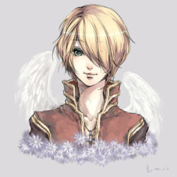 1boy blonde_hair closed_mouth coat commentary cross cross_necklace feathered_wings flower gold_trim green_eyes grey_background grey_flower hair_between_eyes hair_over_one_eye jewelry liang lips looking_at_viewer male_focus necklace priest_(ragnarok_online) ragnarok_online red_coat short_hair smile solo upper_body white_wings wings