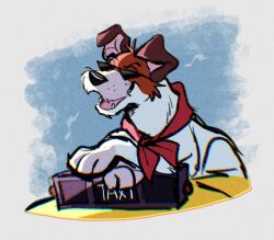 Rule 34 | 1boy, animal ears, axontatsu, brown fur, commentary, dodger (oliver &amp; company), dog, dog ears, dog nose, english commentary, fang, floppy ears, highres, looking to the side, male focus, multicolored fur, musical note, neckerchief, oliver &amp; company, on roof, open mouth, red neckerchief, smile, sunglasses, taxi, white fur