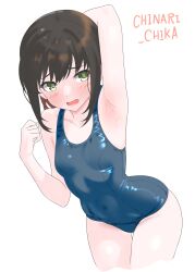 1girl absurdres artist_name black_hair blue_one-piece_swimsuit breasts chinari_(chinari_chika) covered_navel cowboy_shot fubuki_(kancolle) green_eyes highres kantai_collection medium_hair old_school_swimsuit one-hour_drawing_challenge one-piece_swimsuit open_mouth school_swimsuit sidelocks simple_background small_breasts solo swimsuit white_background
