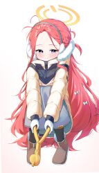 1girl absurdres black_socks blue_archive blue_eyes blue_skirt blush boots bow brown_boots closed_mouth cobe down_jacket earmuffs forehead fur-trimmed_jacket fur_trim hair_bow highres holding_tool jacket long_hair looking_at_viewer red_hair sidelocks skirt smile socks white_bow yellow_jacket yuzu_(blue_archive) yuzu_(winter)_(blue_archive)