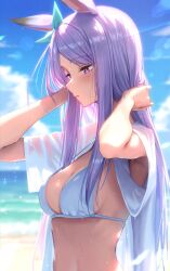 1girl absurdres animal_ears bikini breasts cleavage highres horse_ears horse_girl kimchi_(user_mpzz8457) long_hair looking_down mejiro_mcqueen_(umamusume) purple_eyes purple_hair see-through_clothes see-through_shirt shirt solo swimsuit umamusume upper_body white_bikini