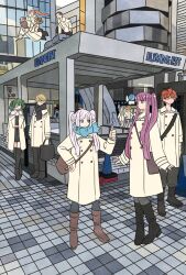 4boys 6+girls bag beard black_boots black_hair black_scarf blonde_hair blue_scarf blunt_bangs boots brown_boots brown_hair coat commentary denken_(sousou_no_frieren) earrings elf facial_hair fern_(sousou_no_frieren) frieren full_body green_eyes green_hair hand_on_own_hip highres holding holding_staff jewelry kanne_(sousou_no_frieren) land_(sousou_no_frieren) laufen_(sousou_no_frieren) lawine_(sousou_no_frieren) long_beard multiple_boys multiple_girls orange_hair outdoors pointy_ears ponytail purple_hair red_hair richter_(sousou_no_frieren) satchel scarf short_hair sousou_no_frieren staff stark_(sousou_no_frieren) takeuchi_ryousuke thumbs_up twintails ubel_(sousou_no_frieren) white_coat