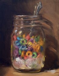cereal commentary english_commentary food food_focus highres jar milk no_humans noah_verrier oil_painting_(medium) original painting_(medium) spoon still_life traditional_media