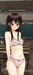 Rule 34 | 1girl, black hair, blush, bra, classroom, desk, female focus, hisahara shizuku, hosi-gaki, long hair, original, panties, red eyes, school, school desk, shitou (4h), solo, standing, underwear, underwear only, zenra toukou school