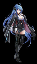 1girl alternate_costume azur_lane banchiyuebai black_coat black_dress black_gloves blue_hair boots breasts casual cleavage clothing_cutout coat dress full_body gloves hair_between_eyes hand_up headgear helena_(meta)_(azur_lane) high_heel_boots high_heels highres long_hair looking_at_viewer navel navel_cutout navel_peek no_bra open_clothes open_coat ponytail red_eyes single_glove single_thighhigh smile solo standing thigh_boots thighhighs thighs very_long_hair