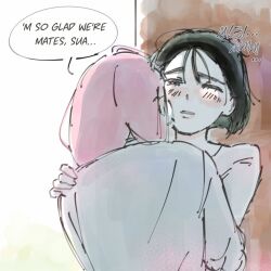 2girls alien_stage black_hair commentary english_commentary english_text kiss kissing_neck long_hair mizi_(alien_stage) multiple_girls omegaverse one_eye_closed pink_hair short_hair speech_bubble sua_(alien_stage) tillbunclub yuri