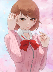 1girl absurdres bow bowtie breasts brown_eyes brown_hair cardigan choker collared_shirt fur-trimmed_sweater fur_trim gekkoukan_high_school_uniform heart heart_choker highres long_sleeves looking_at_viewer medium_breasts n7grey persona persona_3 pink_cardigan ribbed_cardigan school_uniform shirt short_hair smile solo sweater takeba_yukari upper_body white_choker white_shirt