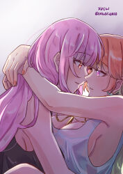 2girls absurdres alternate_costume arms_around_neck black_tank_top blush breasts couple earrings feather_earrings feathers highres hololive hololive_english hug jewelry large_breasts long_hair looking_at_another mori_calliope multicolored_hair multiple_girls parted_lips pink_hair simple_background smile takanashi_kiara tank_top virtual_youtuber white_tank_top xu_chin-wen yuri
