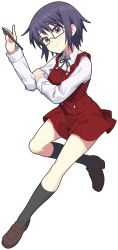 1girl black-framed_eyewear black_socks blue_eyes blue_hair brown_shoes closed_mouth commission full_body glasses hidamari_sketch highres holding holding_stylus loafers long_sleeves pixiv_commission rectangular_eyewear sae_(hidamari_sketch) school_uniform shoes short_hair smile socks solo stylus transparent_background waste-man yamabuki_high_school_uniform