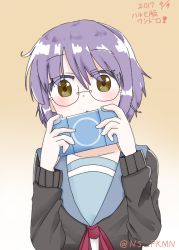1girl 2017 brown_cardigan brown_eyes cardigan collarbone covering_own_mouth darius1108 dated eyes_visible_through_hair game_console glasses gradient_background handheld_game_console holding long_sleeves nagato_yuki nagato_yuki-chan_no_shoushitsu neckerchief orange_background playstation_portable purple_hair red_neckerchief school_uniform semi-rimless_eyewear serafuku short_hair solo suzumiya_haruhi_no_shoushitsu suzumiya_haruhi_no_yuuutsu tareme twitter_username under-rim_eyewear upper_body white_background