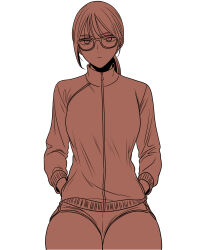 1girl absurdres glasses greenb hands_in_pockets highres jacket looking_at_viewer monochrome original ponytail short_shorts shorts simple_background track_jacket white_background