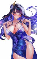 1girl alternate_costume blush breasts cleavage collarbone commentary commission dress fingernails flower genshin_impact hair_ornament hands_up highres large_breasts long_hair looking_at_viewer nail_polish no_panties parted_lips purple_dress purple_eyes purple_flower purple_hair purple_nails raiden_shogun sanya_(sanya_lox228) simple_background solo spaghetti_strap very_long_hair white_background