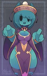 1girl absurdres alternate_costume aqua_hair aqua_skin artist_name bell_sleeves blush borrowed_character bracelet breasts chinese_clothes cleavage cleavage_cutout clothing_cutout colored_skin commentary curvy dress english_commentary freckles hands_up hat highres invei_(kurbiismind) jewelry jiangshi large_breasts long_sleeves looking_at_viewer monster_girl movail2 open_mouth original pelvic_curtain qingdai_guanmao revealing_clothes short_hair signature skindentation slime_girl solid_oval_eyes solo standing thick_thighs thigh_gap thighhighs thighs torn_clothes torn_thighhighs wide_hips