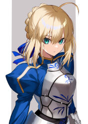 1girl ahoge armor armored_dress artoria_pendragon_(fate) blonde_hair blue_dress blue_ribbon braid breastplate breasts dress fate/stay_night fate_(series) faulds gauntlets green_eyes hair_bun hair_ribbon highres juliet_sleeves long_sleeves looking_at_viewer medium_breasts medium_hair neko_daruma puffy_sleeves ribbon saber_(fate) sidelocks solo
