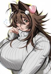 Rule 34 | 1girl, blush, borrowed character, breasts, brown hair, eyelashes, fat, fingernails, hair ears, hair intakes, hair ornament, heart, heart hair ornament, huge breasts, large breasts, long hair, looking at viewer, nanaco (meisharan), original, plump, solo, sparkle, sweater, thick arms, thick lips, turtleneck, turtleneck sweater, vasyasya art