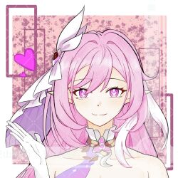 Rule 34 | 1girl, bare shoulders, chinese commentary, commentary request, diamond-shaped pupils, diamond (shape), elf, elysia (herrscher of human: ego) (honkai impact), elysia (honkai impact), gloves, haruhide sorayama, heart, highres, honkai (series), honkai impact 3rd, long hair, looking at viewer, pink background, pink hair, pointy ears, purple eyes, smile, solo, symbol-shaped pupils, triquetra, upper body, veil, very long hair, white gloves, white veil