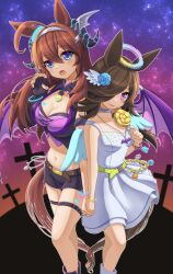 Rule 34 | 2girls, :p, absurdres, ahoge, angel wings, animal ears, bat necklace, belt, black footwear, black gloves, black hair, black horns, black shirt, black shorts, blue choker, blue eyes, blue wings, boots, bracelet, breasts, brown belt, brown hair, candy, choker, claw pose, cleavage, cleavage cutout, closed mouth, clothing cutout, commentary, cosplay, cropped shirt, cross, daitaku helios (devil in the moonlight) (umamusume), daitaku helios (sunshine angel) (umamusume), daitaku helios (umamusume), daitaku helios (umamusume) (cosplay), demon horns, demon wings, dress, ear ornament, english commentary, facial mark, fang, fingerless gloves, food, gloves, grey hairband, hair ornament, hairband, halloween, halo, highres, holding, holding candy, holding food, holding hands, holding lollipop, horns, horse ears, horse girl, intertwined tails, jewelry, lollipop, medium breasts, medium dress, midriff, mihono bourbon (umamusume), multiple girls, navel, necklace, night, night sky, purple eyes, purple shirt, purple wings, rice shower (umamusume), roppaku, shirt, short shorts, shorts, side-by-side, sky, sleeveless, sleeveless dress, smile, spaghetti strap, star (sky), starry sky, thigh strap, tongue, tongue out, two-tone shirt, umamusume, white dress, white footwear, wing hair ornament, wings, yellow belt